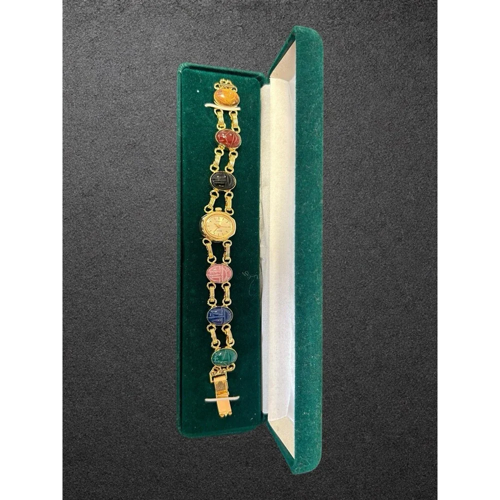 Belle Gold Tone Scarab Gemstone Bracelet Watch Quartz Needs Battery Vintage